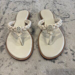 Tory Burch Ivory White Thong Braided Benton Sheep Plume Nappa Leather Sz.9